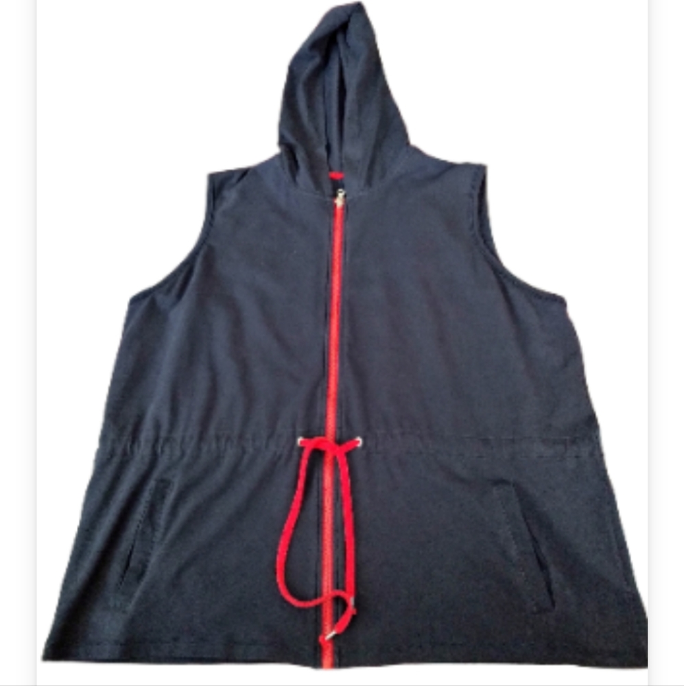 Chaps Navy Blue Red Full Zip Hoodie Active Lightweight Drawsting Vest Size 2X